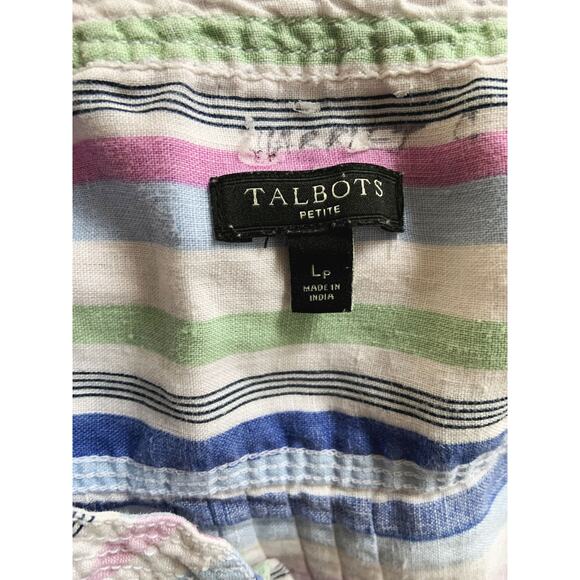 Talbots Striped Long Sleeves Henley Neck White Striped Linen Shirt L Petite - Picture 4 of 5